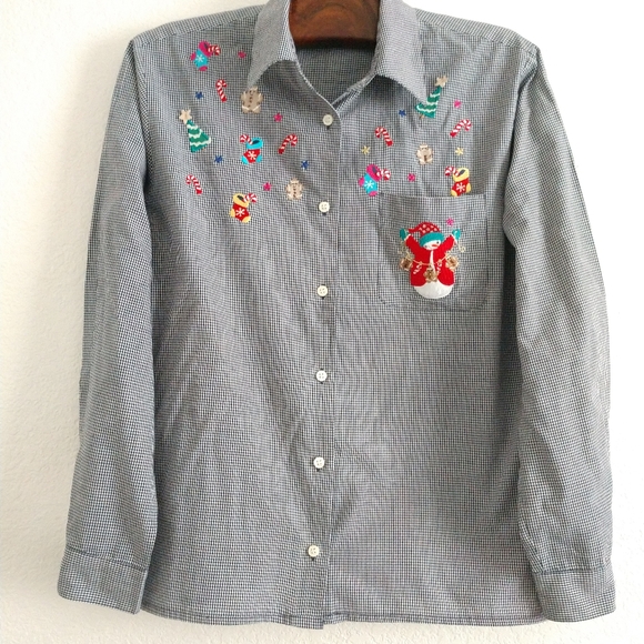 Embroidered Christmas Shirt Black White Gingham Check Snowman Large Chest 42" - Picture 2 of 8